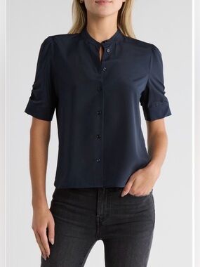 Frame -The Frankie Puff Navy Short 
Sleeve Button Down Blouse